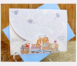 Invitatie de botez cu trenulet albastru - Cod 15309